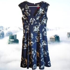 Vince Camuto Navy Blue Floral Fit-and-Flare Dress